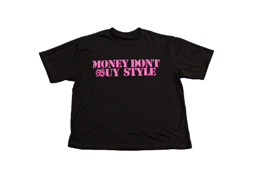 Money Don't Buy Style Tee Pink on Black