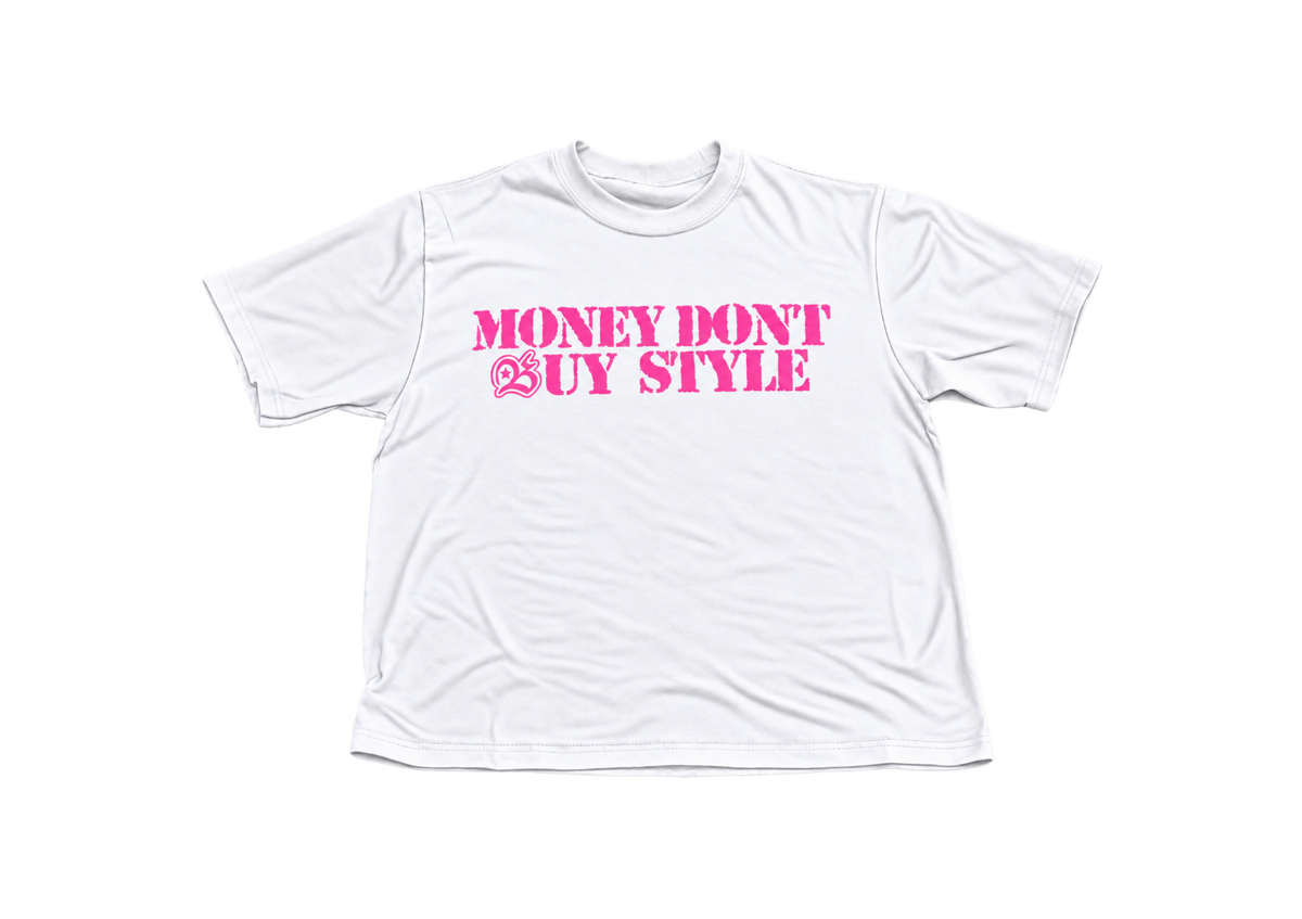 Money Don't Buy Style Tee Pink on White